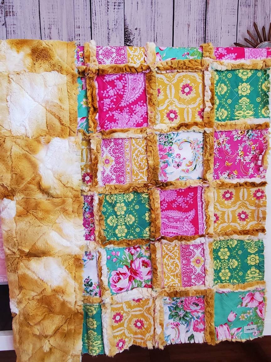 Patchwork Quilt, Handmade Quilt, Minky Rag Quilt, Floral, Baby Bedding, Baby Quilt, Boho Quilt, Mini Crib Quilt, Crib Quilt, Lovey Blanket