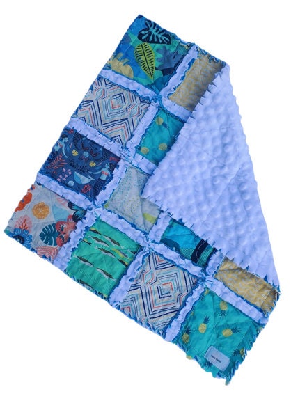 Handmade Quilt, Mermaid Quilt, Mermaid Baby Gift, Patchwork Quilt, Lovey Blanket, Baby Shower Gift, Boho Quilt, Rag Quilt, Crib Quilt, Minky