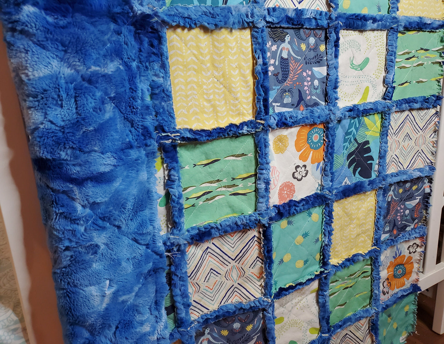 Handmade Patchwork Crib Quilt, Mermaid Quilt, Boho Rag Quilt, Floral, Sirena Mermaid, Baby Quilt, Crib Bedding, Witchy Gift, Nursery Bedding