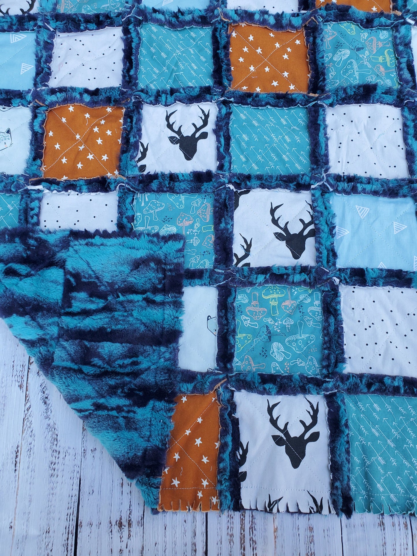 Handmade Patchwork Quilt, Mini Crib Quilt, Rag Quilt Baby, Woodland Nursery Decor, Boy Quilt, Crib Quilt, Baby Shower Gift, Woodland Animals