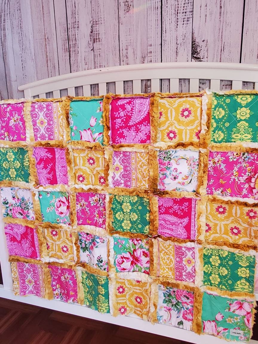Patchwork Quilt, Handmade Quilt, Minky Rag Quilt, Floral, Baby Bedding, Baby Quilt, Boho Quilt, Mini Crib Quilt, Crib Quilt, Lovey Blanket