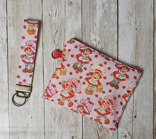 Small Fabric Zipper Pouch, Purse organizer, Vintage Strawberry Shortcake, Handmade Lined Zipper Pouch, Gift Card Coin Bag, Strawberry Purse