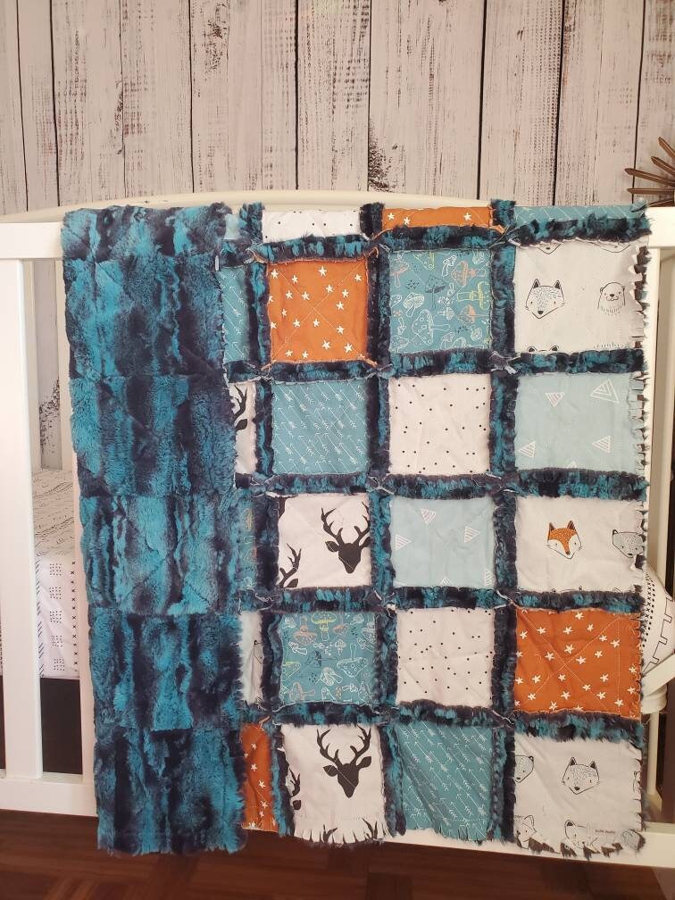 Handmade Patchwork Quilt, Mini Crib Quilt, Rag Quilt Baby, Woodland Nursery Decor, Boy Quilt, Crib Quilt, Baby Shower Gift, Woodland Animals