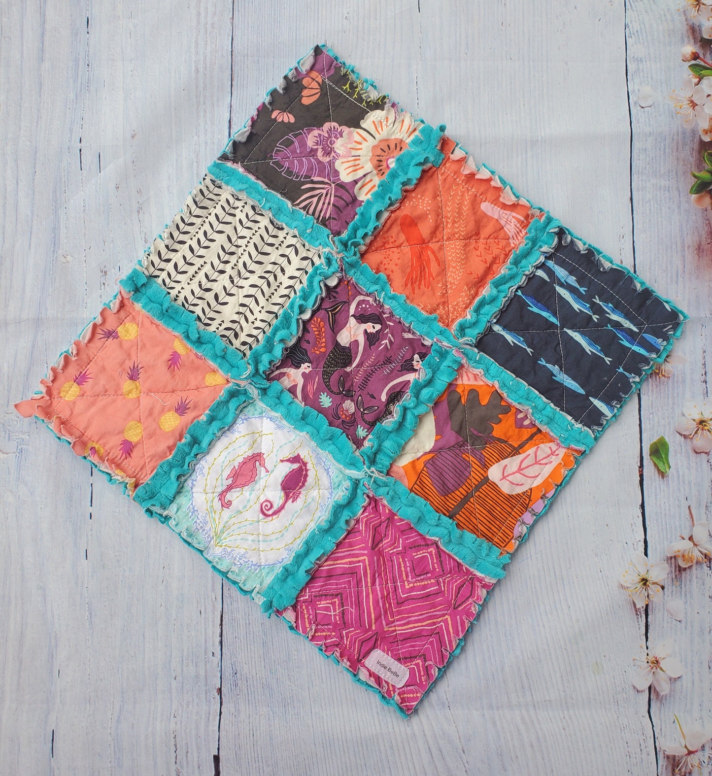 Handmade Quilt, Mermaid Quilt, Mermaid Baby Gift, Patchwork Quilt, Lovey Blanket, Baby Shower Gift, Boho Quilt, Rag Quilt, Crib Quilt, Minky