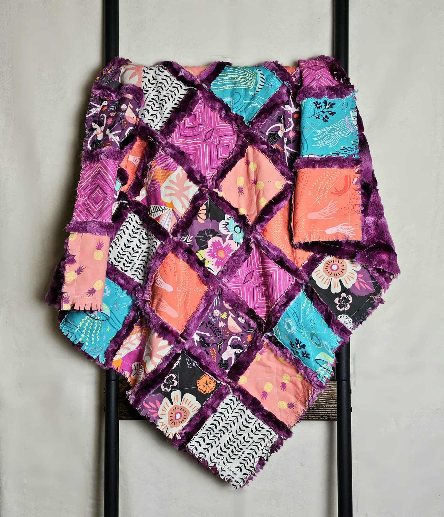 Handmade Patchwork Crib Quilt, Mermaid Quilt, Boho Rag Quilt, Floral, Sirena Mermaid, Baby Quilt, Crib Bedding, Witchy Gift, Nursery Bedding