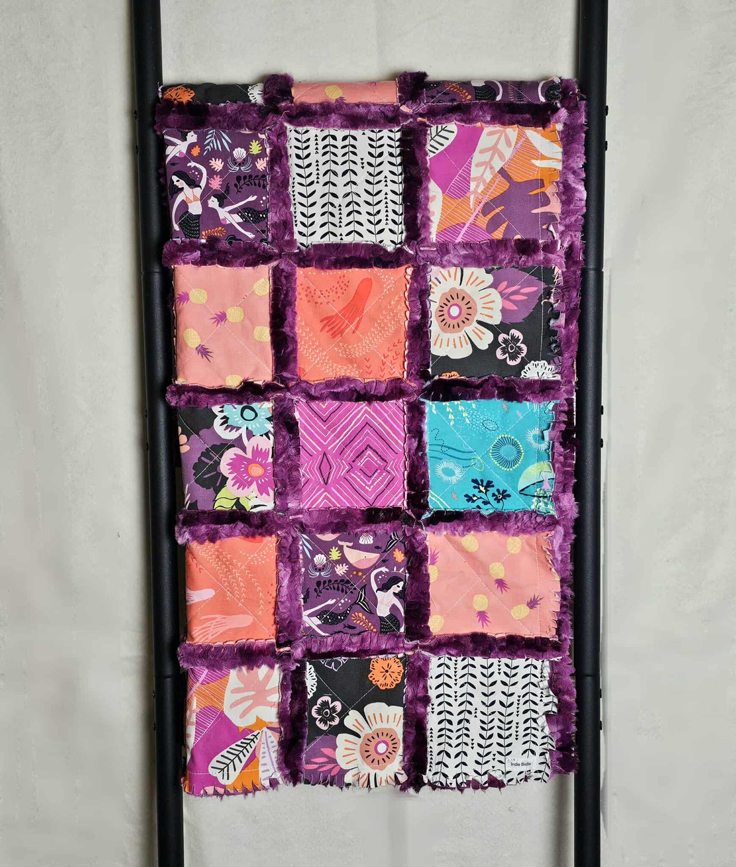 Handmade Patchwork Crib Quilt, Mermaid Quilt, Boho Rag Quilt, Floral, Sirena Mermaid, Baby Quilt, Crib Bedding, Witchy Gift, Nursery Bedding
