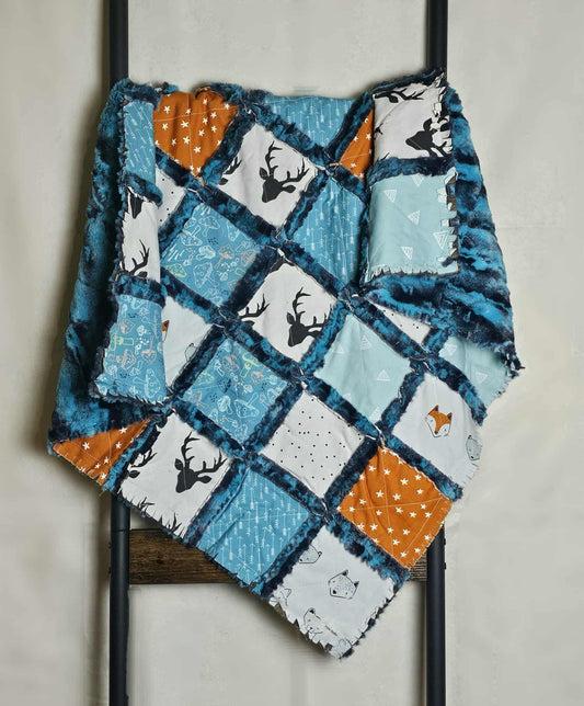 Handmade Patchwork Quilt, Mini Crib Quilt, Rag Quilt Baby, Woodland Nursery Decor, Boy Quilt, Crib Quilt, Baby Shower Gift, Woodland Animals