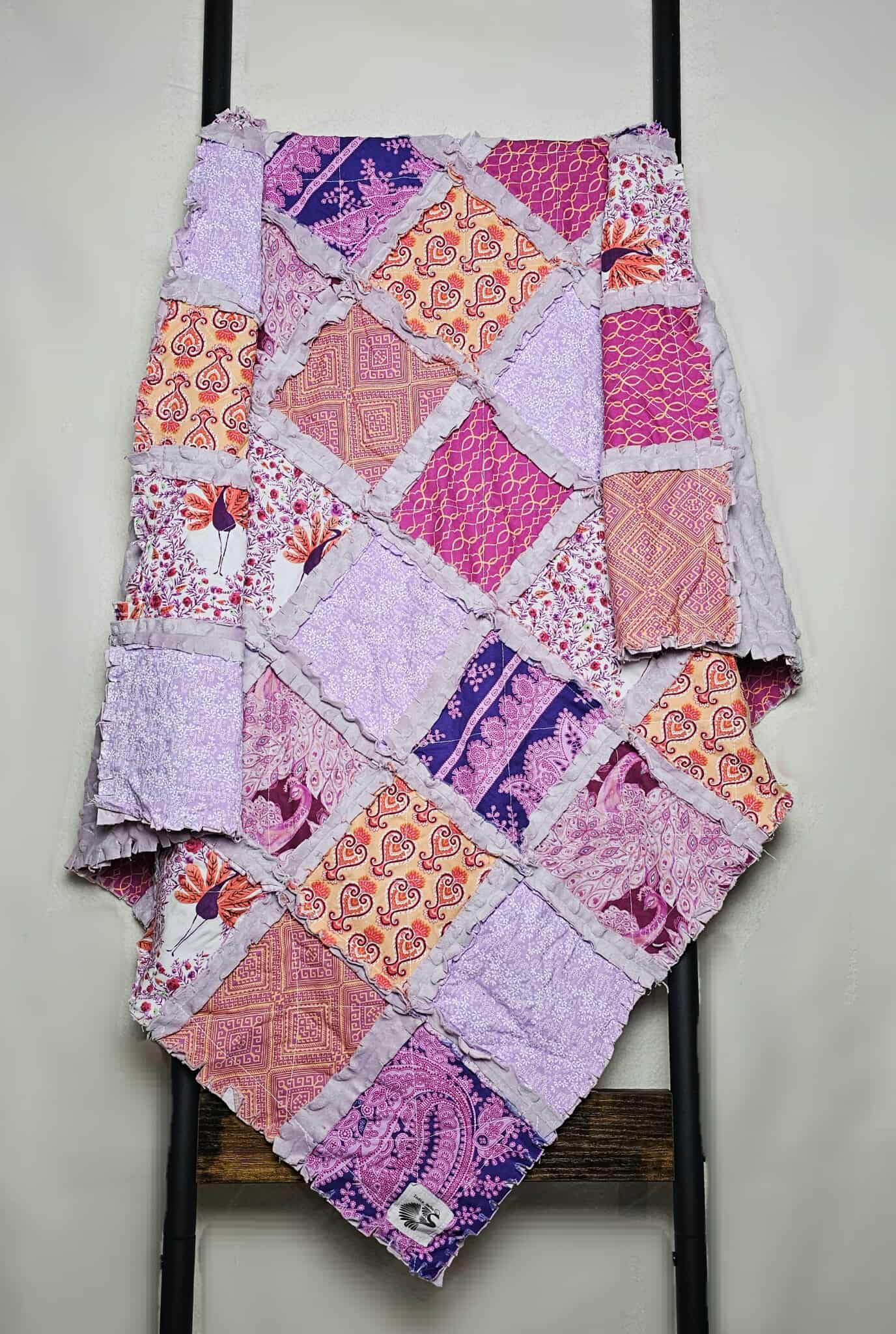 Purple and Pink Peacocks Crib Bedding Minky Rag Quilt, Floral, Baby Bedding, Baby Girl Quilt, Crib Bedding, Minky Blanket, Nursery Bedding