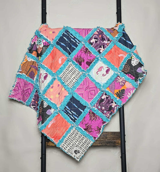 Handmade Quilt, Mermaid Quilt, Mermaid Baby Gift, Patchwork Quilt, Lovey Blanket, Baby Shower Gift, Boho Quilt, Rag Quilt, Crib Quilt, Minky