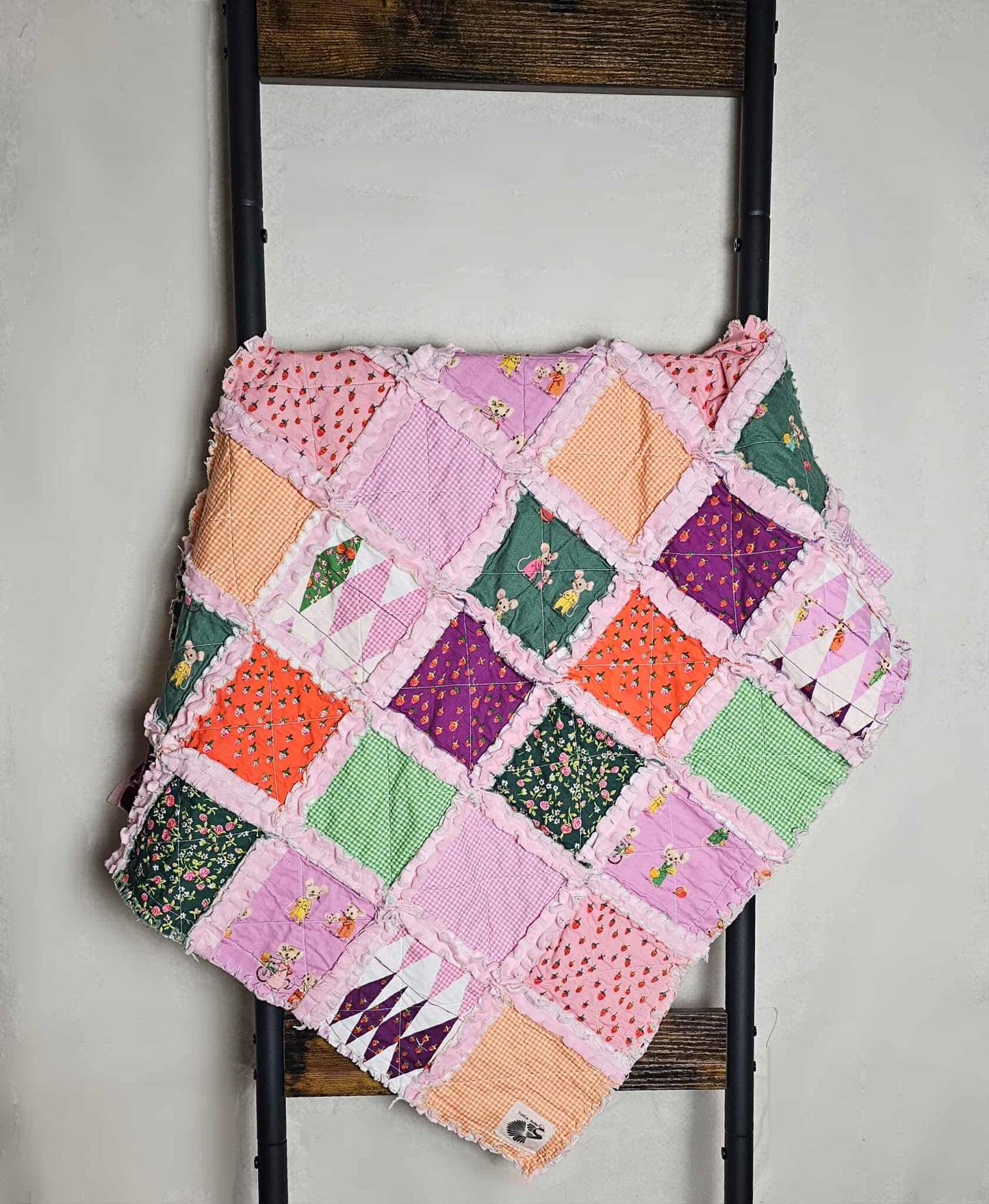 Handmade Quilt, Rag Quilt, Crib Quilt, Heather Ross Trixie, Lovey Blanket, Ready to Ship, Baby Shower Gift, Boho Quilt, Patchwork Quilt