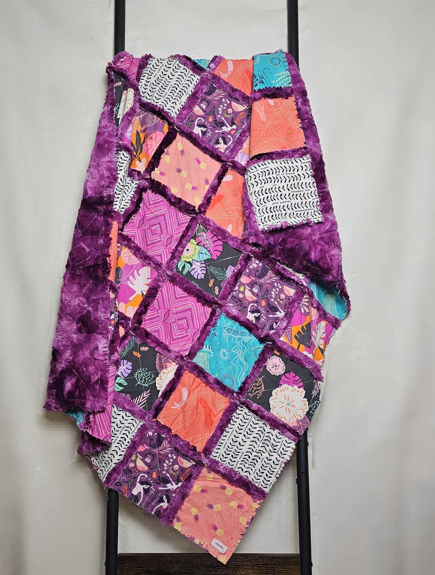Handmade Patchwork Crib Quilt, Mermaid Quilt, Boho Rag Quilt, Floral, Sirena Mermaid, Baby Quilt, Crib Bedding, Witchy Gift, Nursery Bedding