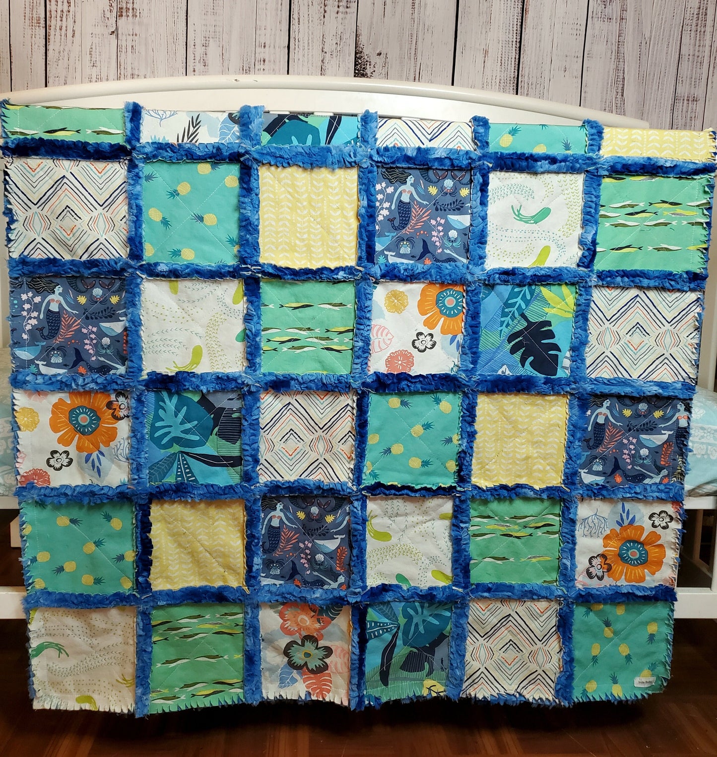 Handmade Patchwork Crib Quilt, Mermaid Quilt, Boho Rag Quilt, Floral, Sirena Mermaid, Baby Quilt, Crib Bedding, Witchy Gift, Nursery Bedding