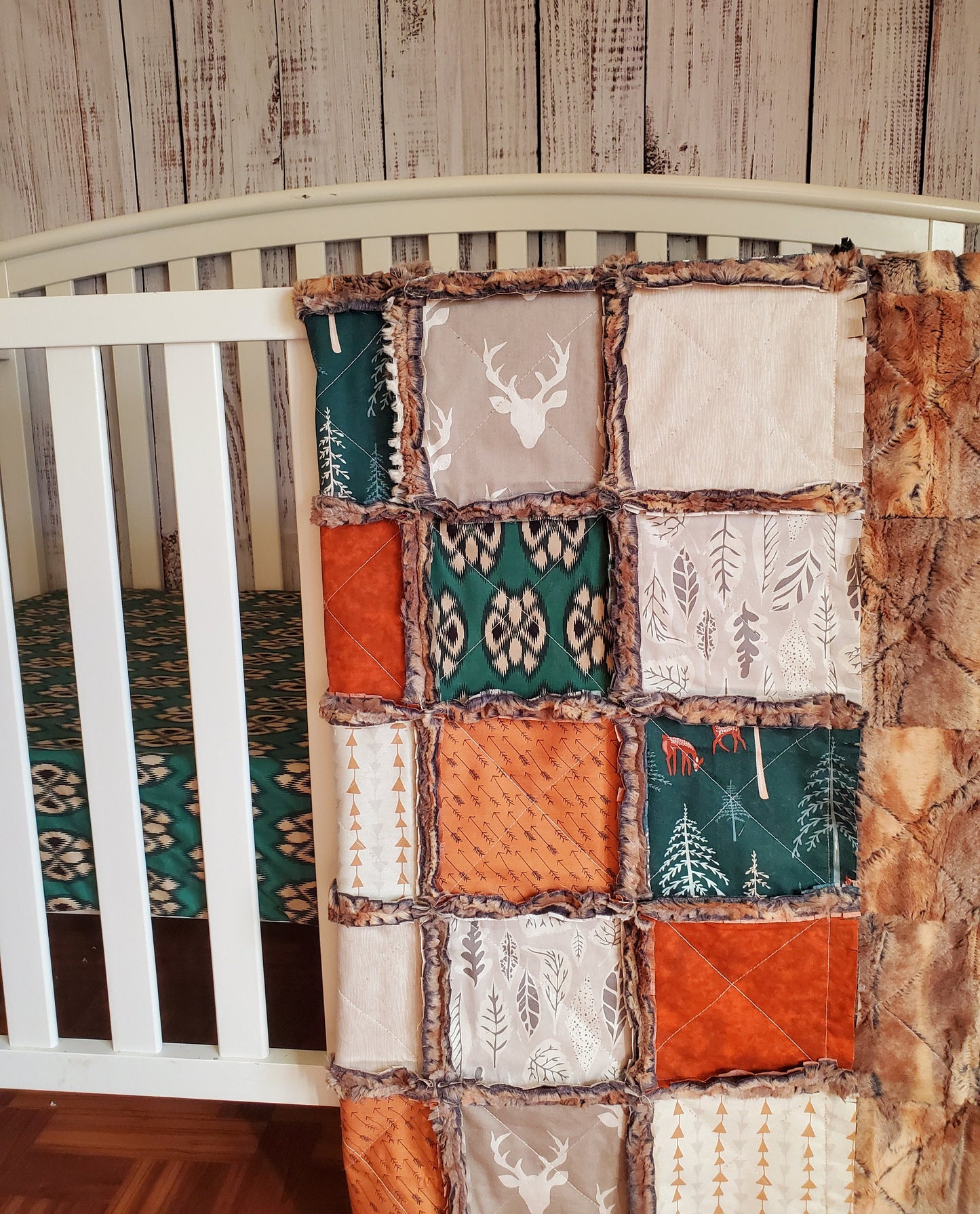 Patchwork Crib Quilt, Crib Bedding, Minky Rag Quilt, Woodland Animals Quilt, Baby Boy Quilt, Crib Bedding, Minky Blanket, Nursery Bedding