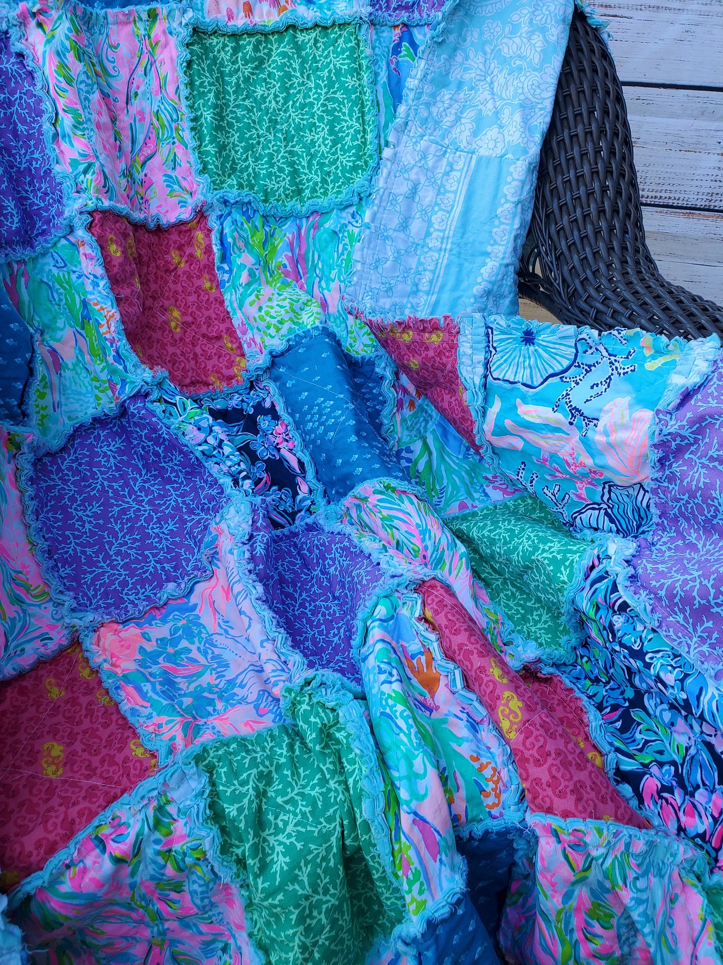 Handmade Quilt, Lilly Quilt, Rag Quilt Throw, Gifts for Her, Mothers Day Gift, Beach Quilt, Preppy Quilt, Housewarming Gift, Mermaids Quilt