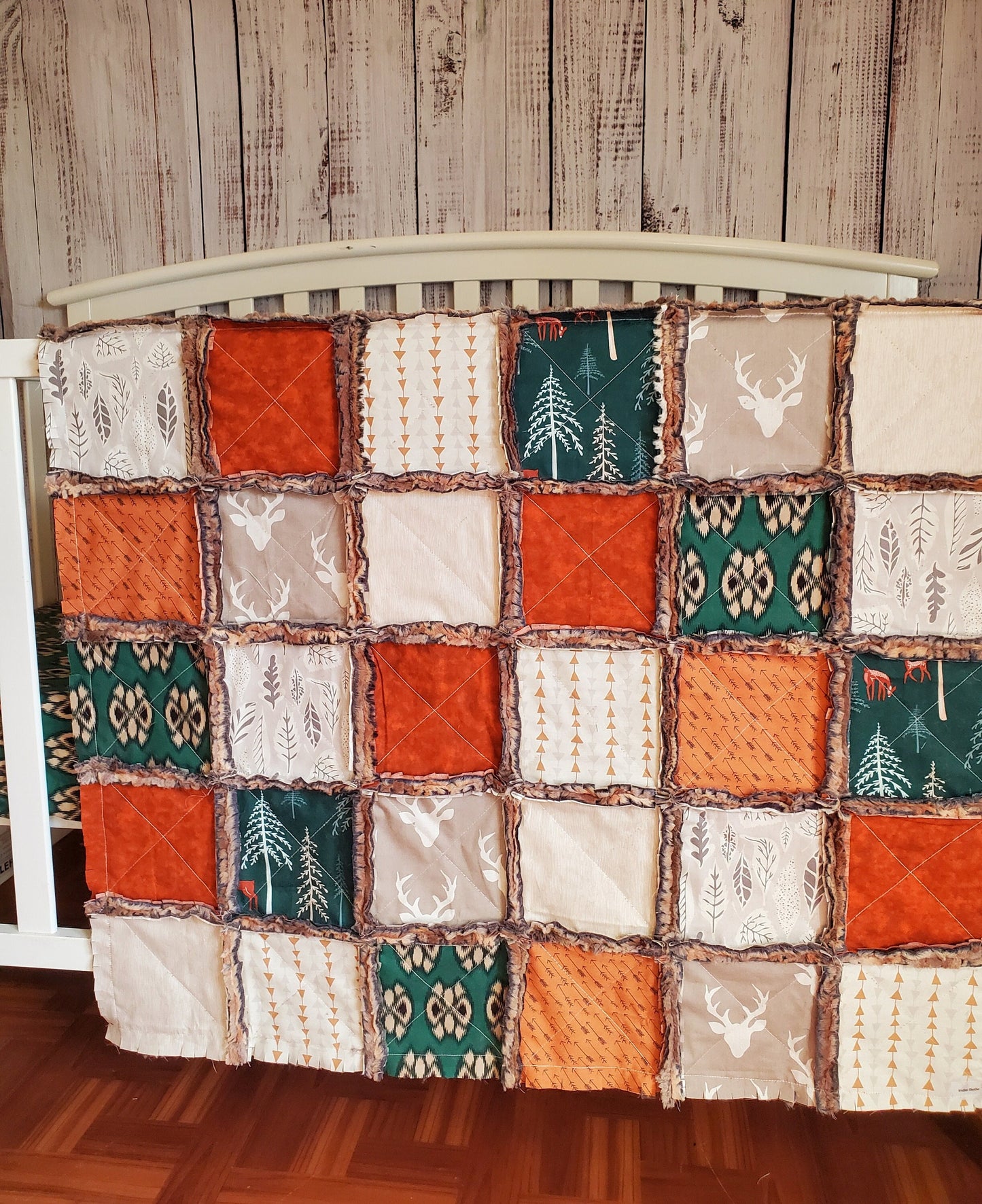 Patchwork Crib Quilt, Crib Bedding, Minky Rag Quilt, Woodland Animals Quilt, Baby Boy Quilt, Crib Bedding, Minky Blanket, Nursery Bedding
