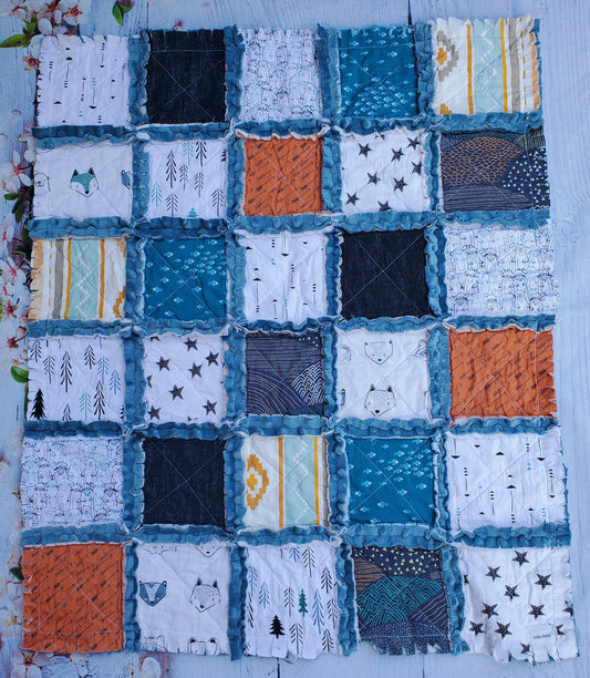 Handmade Quilt, Patchwork Quilt, Crib Quilt, Rag Quilt Baby, Woodland Nursery, Boy Quilt, Lovey Blanket, Baby Shower Gift, Woodland Animals