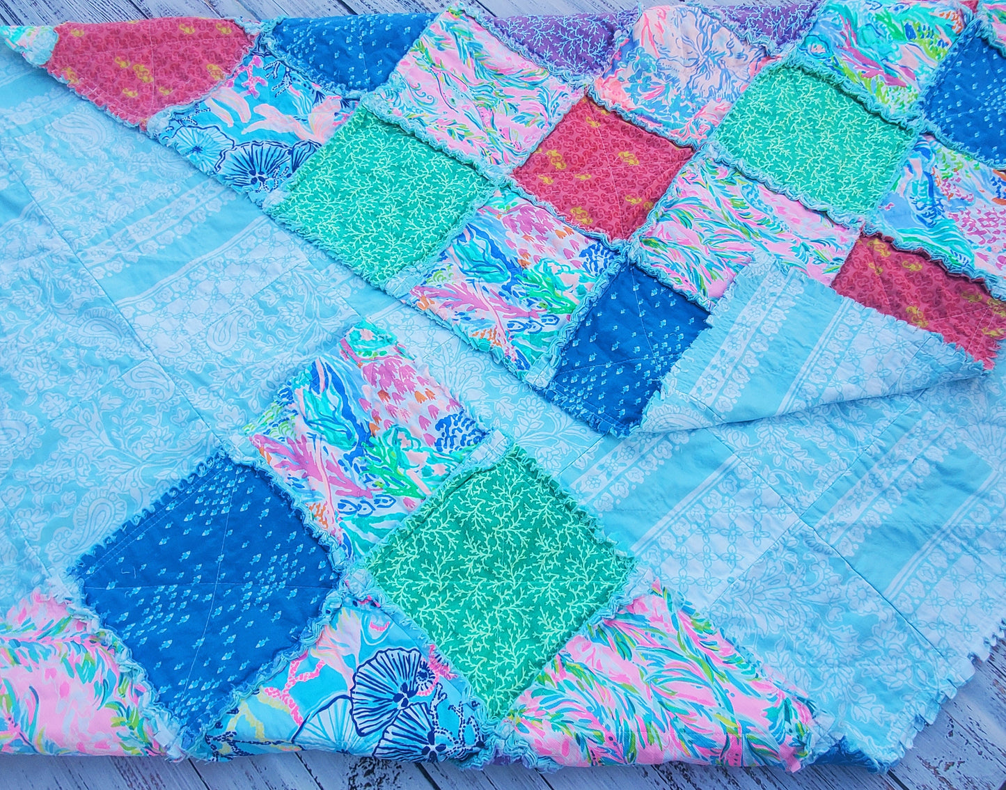 Handmade Quilt, Lilly Quilt, Rag Quilt Throw, Gifts for Her, Mothers Day Gift, Beach Quilt, Preppy Quilt, Housewarming Gift, Mermaids Quilt