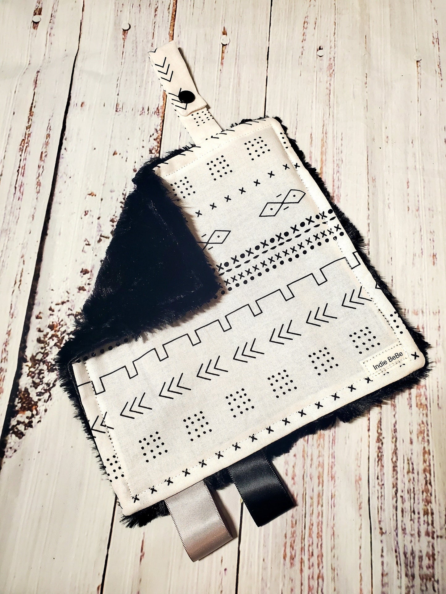 Crinkle Lovey, Black and White Mudcloth, Paci Holder, Mini Lovey, Pacifier Lovey, Pacifier Keeper, Baby Shower Gift, Handmade Baby Blanket