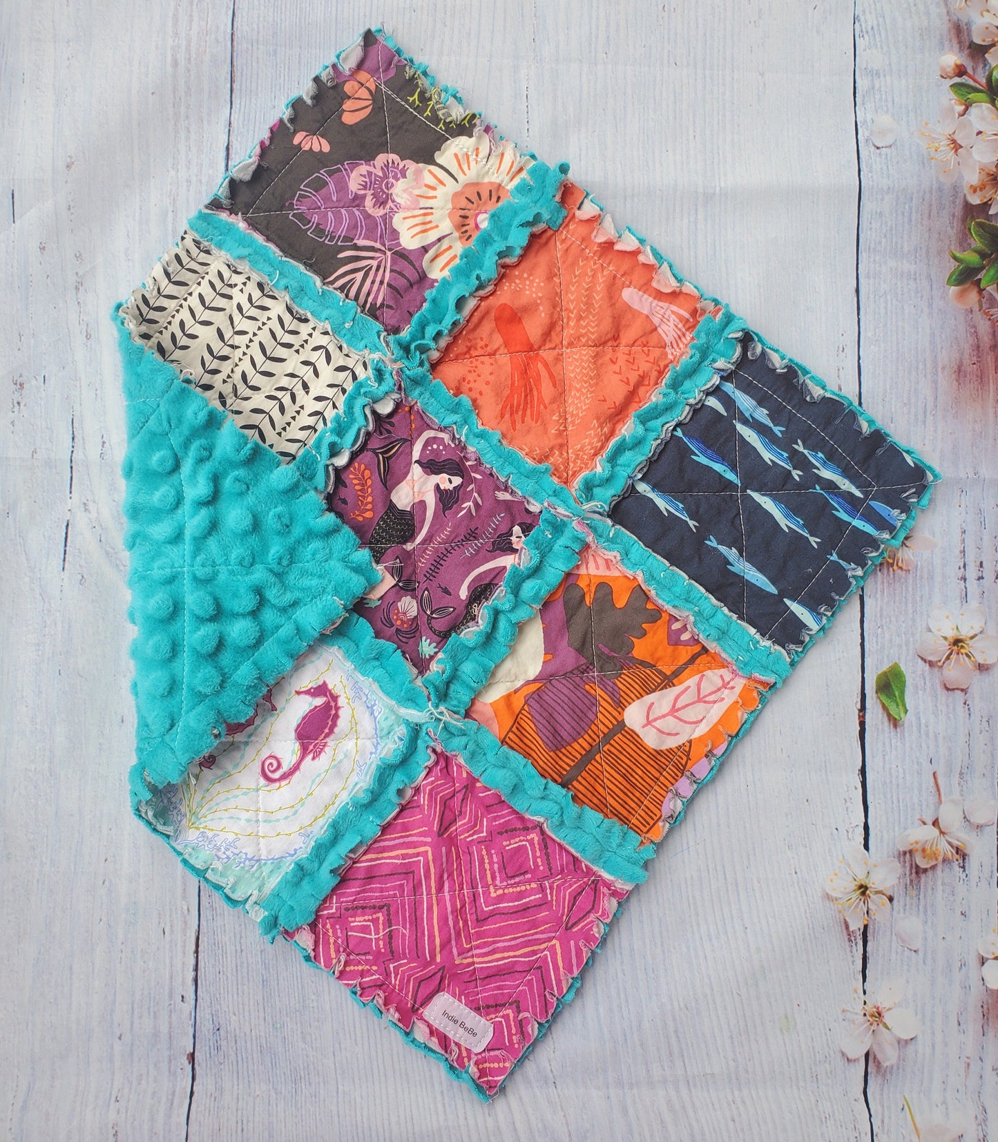 Handmade Quilt, Mermaid Quilt, Mermaid Baby Gift, Patchwork Quilt, Lovey Blanket, Baby Shower Gift, Boho Quilt, Rag Quilt, Crib Quilt, Minky
