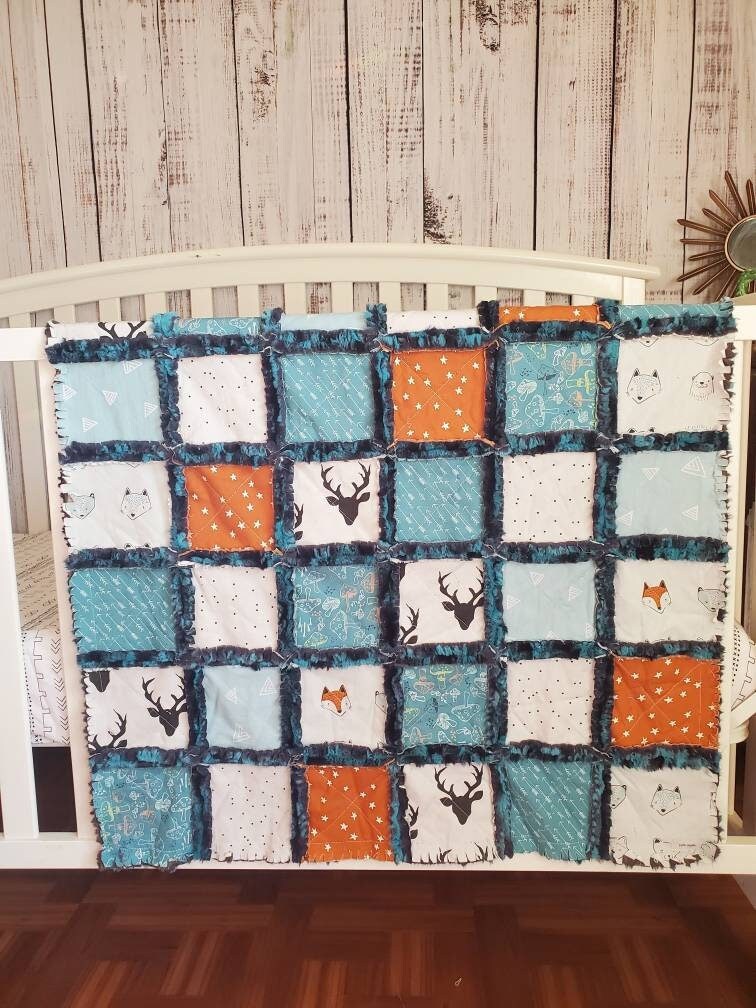 Handmade Patchwork Quilt, Mini Crib Quilt, Rag Quilt Baby, Woodland Nursery Decor, Boy Quilt, Crib Quilt, Baby Shower Gift, Woodland Animals