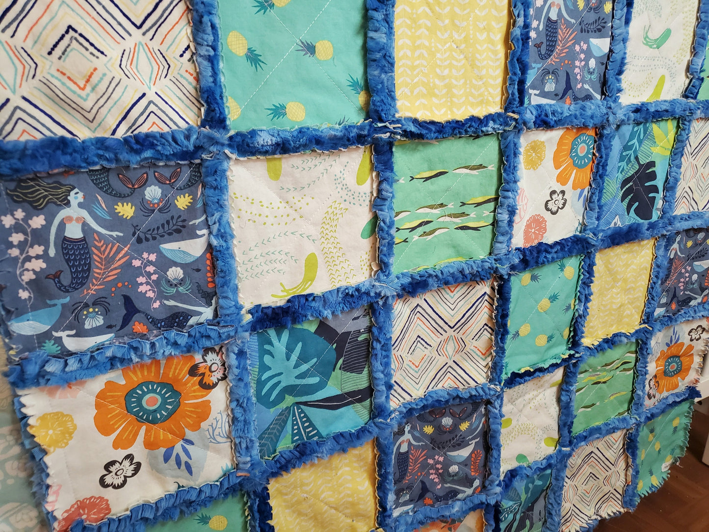 Handmade Patchwork Crib Quilt, Mermaid Quilt, Boho Rag Quilt, Floral, Sirena Mermaid, Baby Quilt, Crib Bedding, Witchy Gift, Nursery Bedding