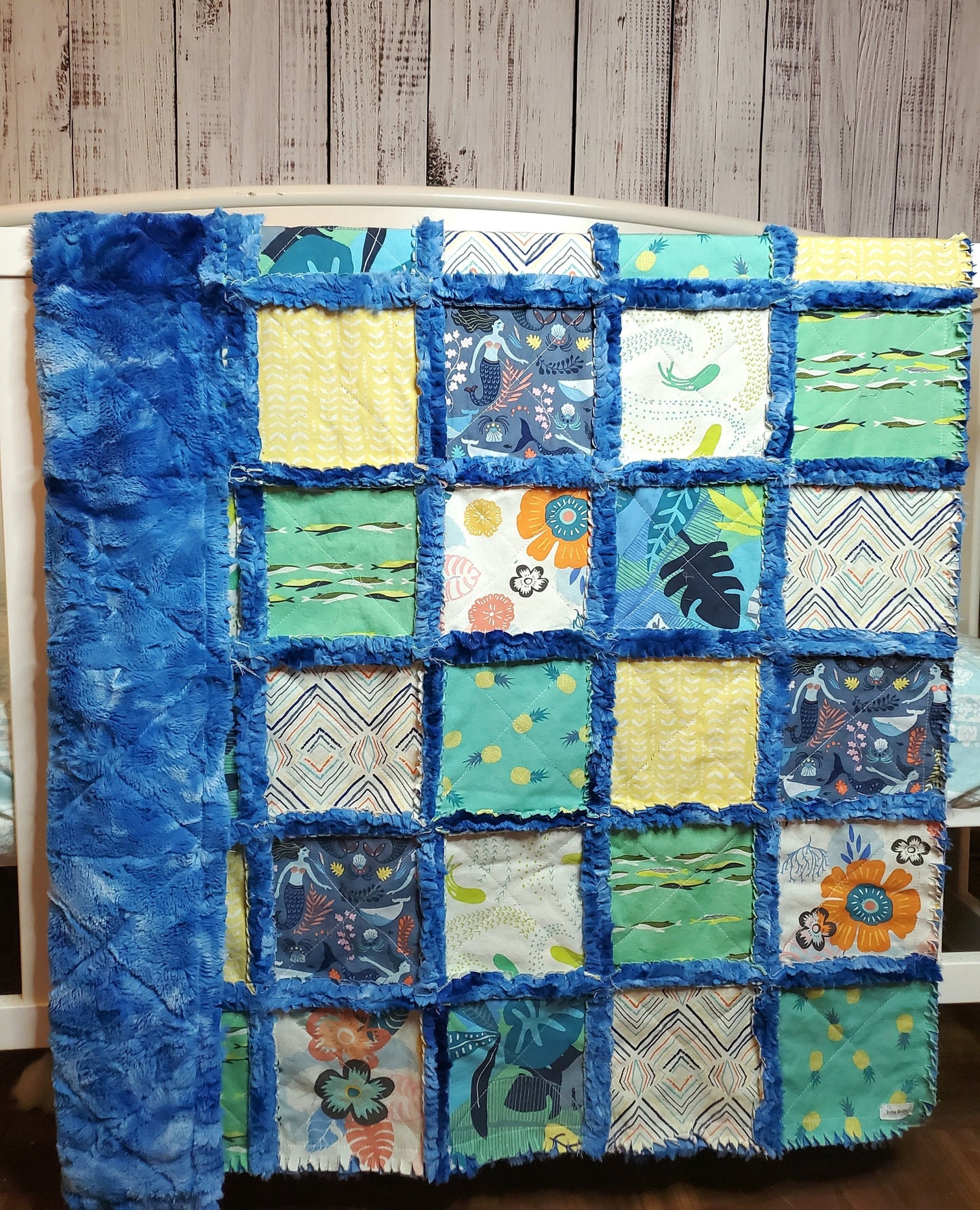 Handmade Patchwork Crib Quilt, Mermaid Quilt, Boho Rag Quilt, Floral, Sirena Mermaid, Baby Quilt, Crib Bedding, Witchy Gift, Nursery Bedding