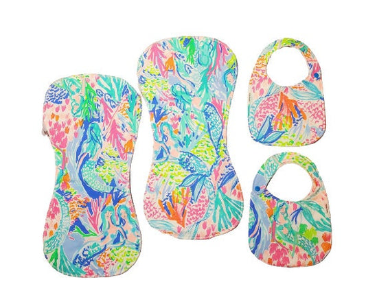 Lilly Mermaids Gift Set, Bib & Burp Cloth Set, Bibs for Girls, Baby Shower Gift, Lilly Gift Set, Gifts for Her, Mermaids Cove, Burp Cloth