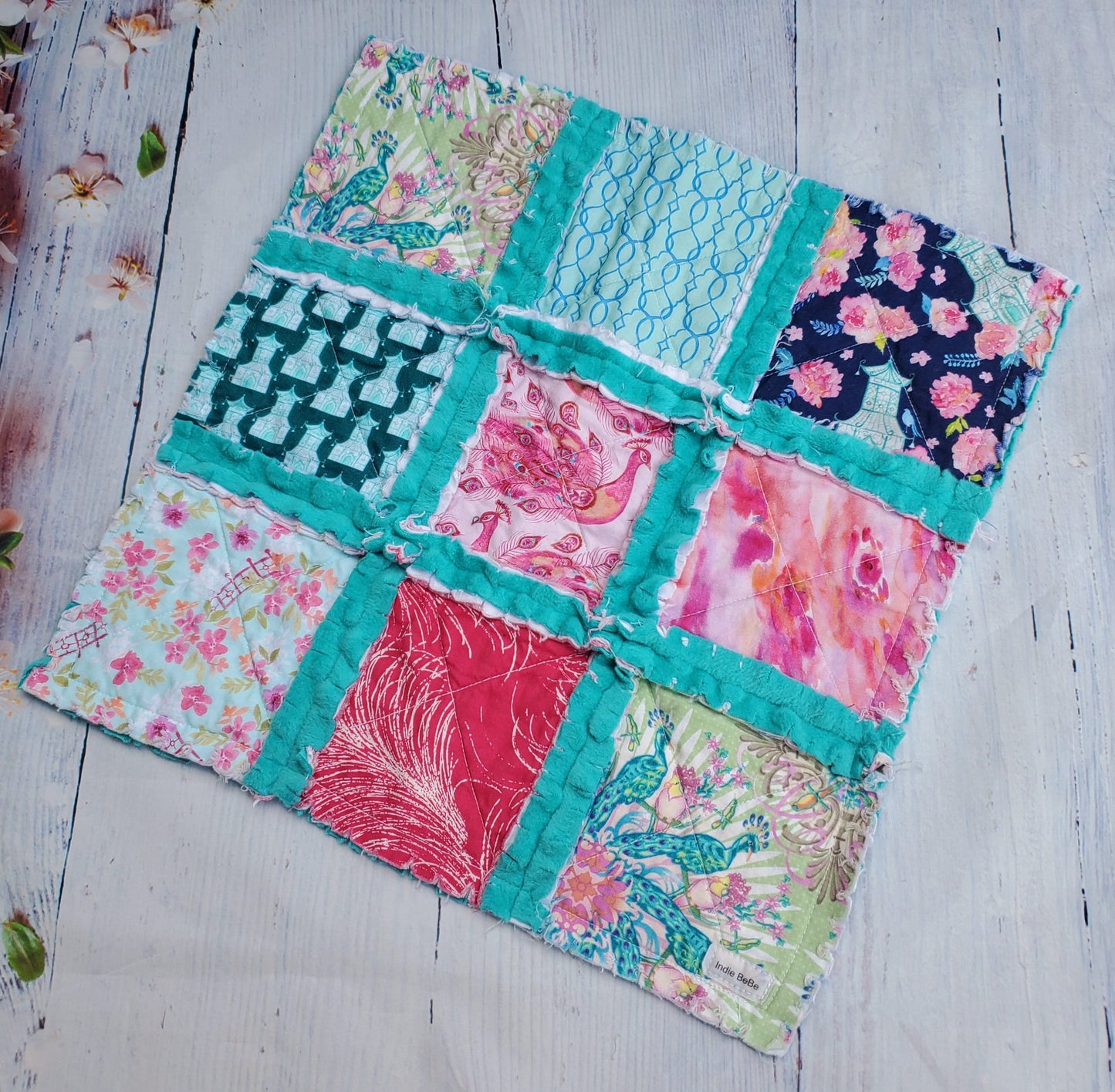 Handmade Quilt, Rag Quilt, Peacock Crib Quilt, Patchwork Quilt, Lovey Blanket, Peacock Quilt, Baby Shower Gift, Boho Quilt, Peacock Lovey