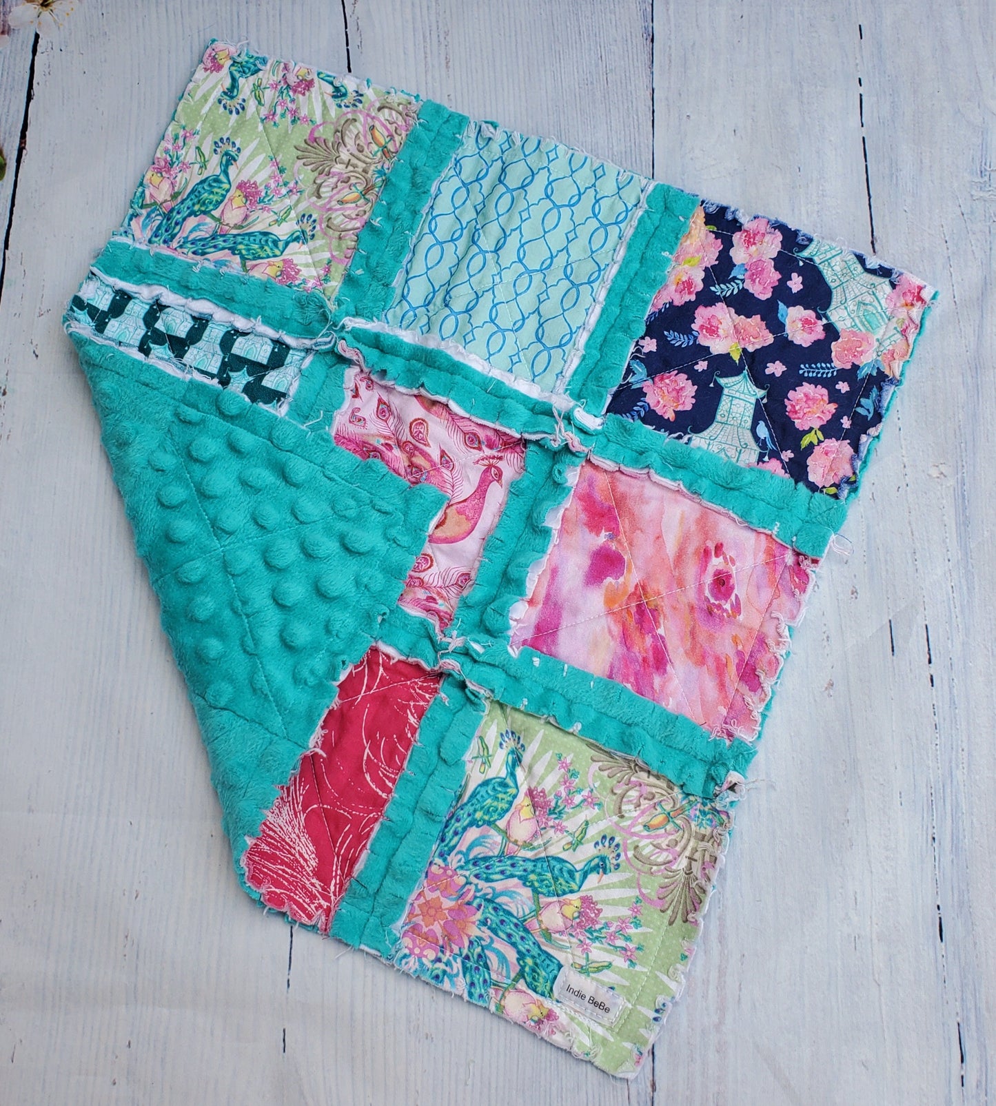 Handmade Quilt, Rag Quilt, Peacock Crib Quilt, Patchwork Quilt, Lovey Blanket, Peacock Quilt, Baby Shower Gift, Boho Quilt, Peacock Lovey