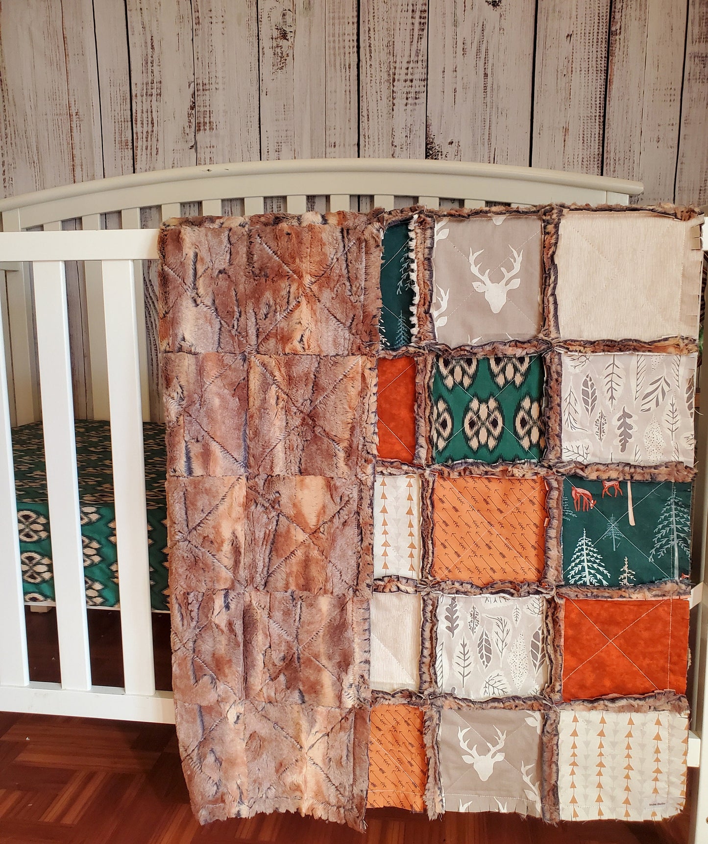 Patchwork Crib Quilt, Crib Bedding, Minky Rag Quilt, Woodland Animals Quilt, Baby Boy Quilt, Crib Bedding, Minky Blanket, Nursery Bedding