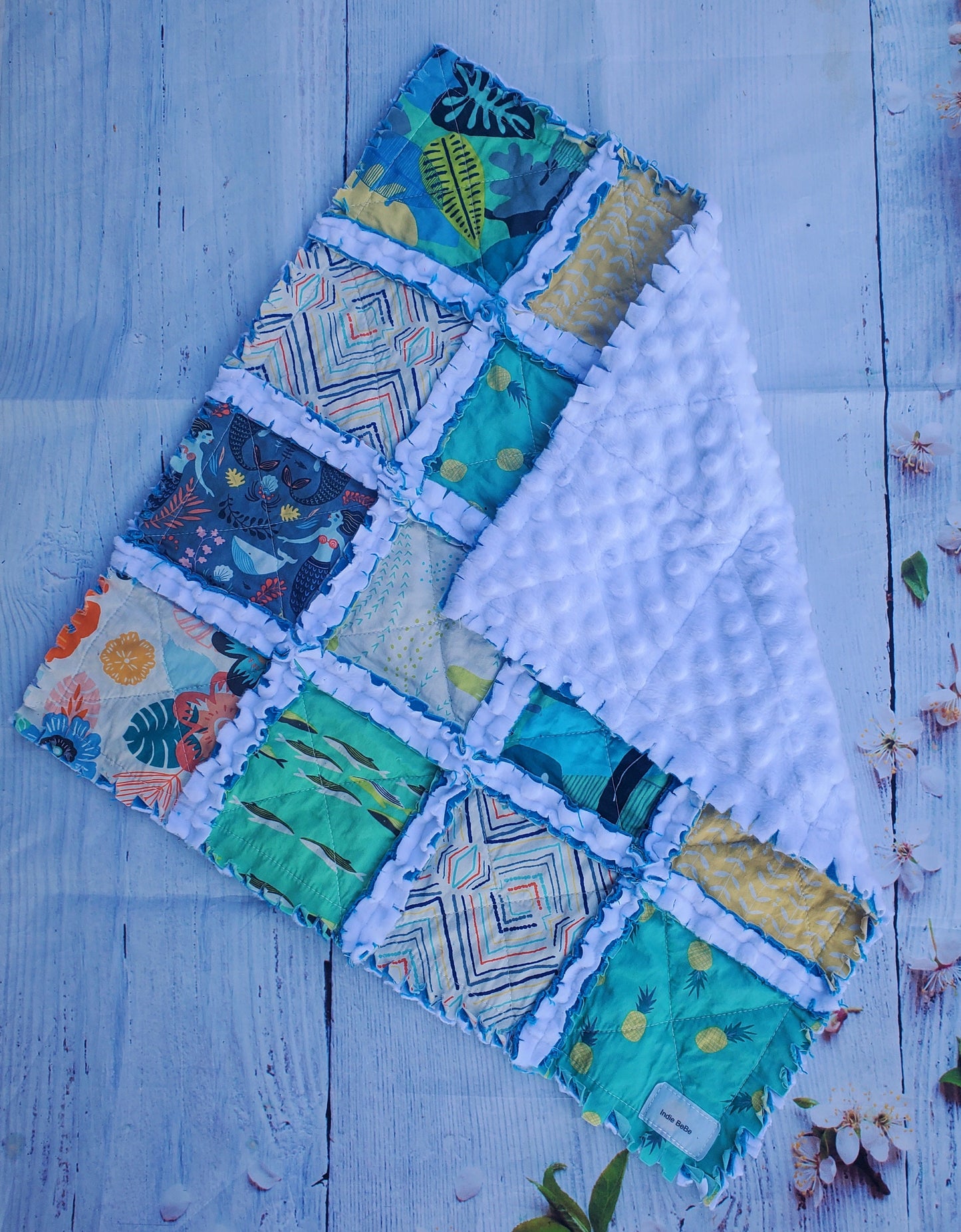 Handmade Quilt, Mermaid Quilt, Mermaid Baby Gift, Patchwork Quilt, Lovey Blanket, Baby Shower Gift, Boho Quilt, Rag Quilt, Crib Quilt, Minky