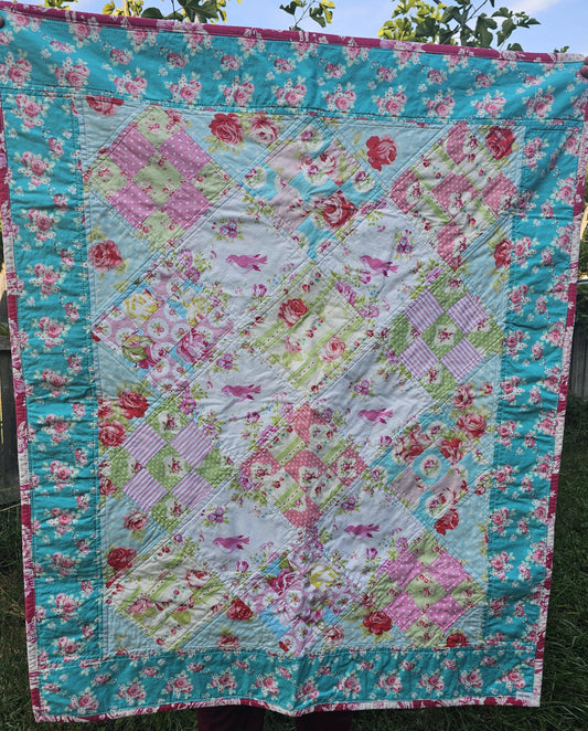 Handmade Floral Quilt, Shabby Chic Quilt, Throw Quilt, Patchwork Quilt, Crib Quilt, Toddler Quilt, Baby Shower Gift, Cabbage Roses Quilt