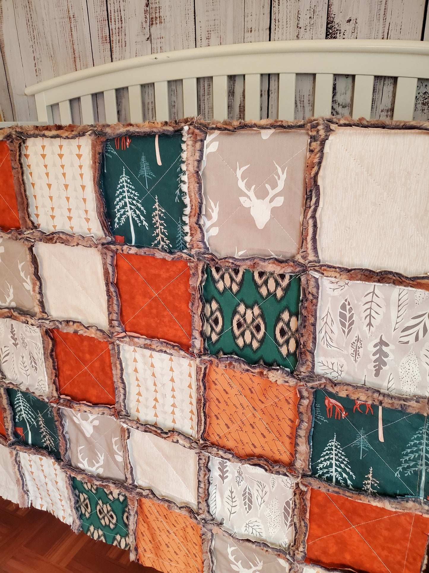 Patchwork Crib Quilt, Crib Bedding, Minky Rag Quilt, Woodland Animals Quilt, Baby Boy Quilt, Crib Bedding, Minky Blanket, Nursery Bedding