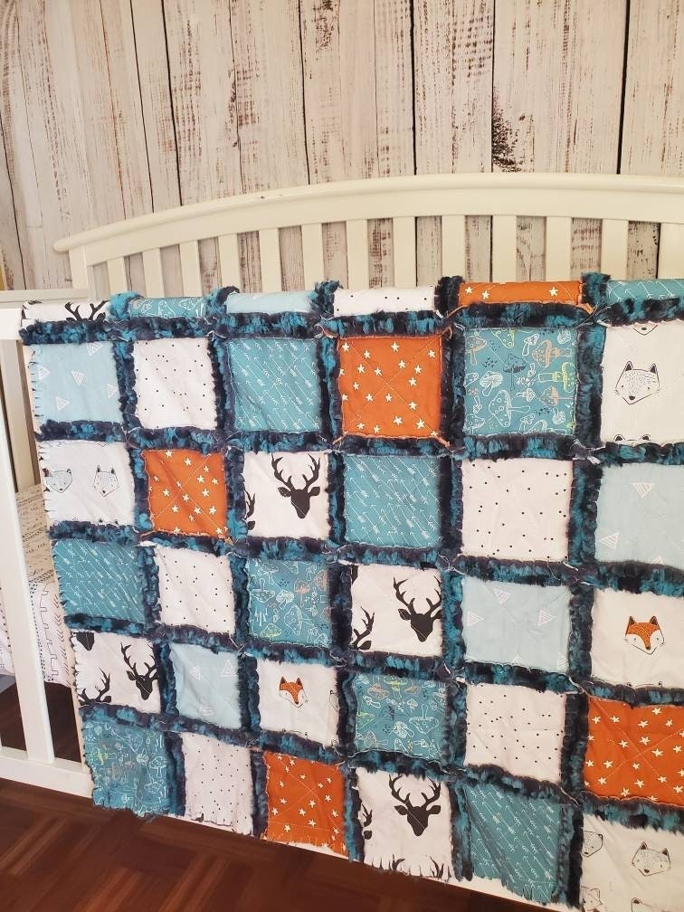 Handmade Patchwork Quilt, Mini Crib Quilt, Rag Quilt Baby, Woodland Nursery Decor, Boy Quilt, Crib Quilt, Baby Shower Gift, Woodland Animals