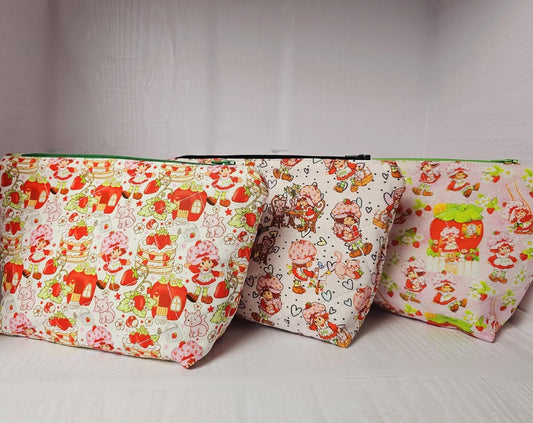 Strawberry Shortcake Zippered Pouch, Cosmetic Bag, Toiletry Bag, Gifts for Her, Unique Gift, Handmade Quilted Pouch, Strawberry Gift