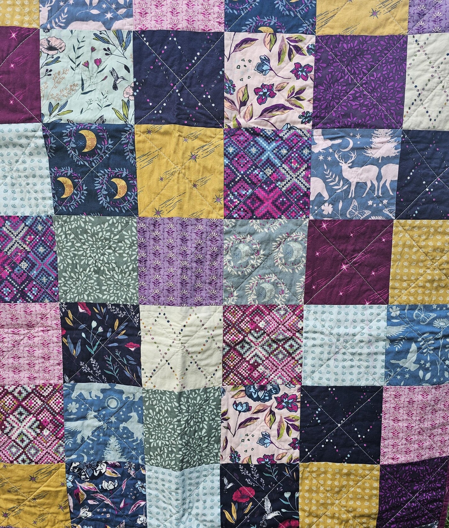 Handmade Moon Quilt, Mystical Unicorn Quilt, Floral Quilt, Patchwork Quilt, Crib Quilt, Toddler Quilt, Gift for Girls, Baby Shower Gift
