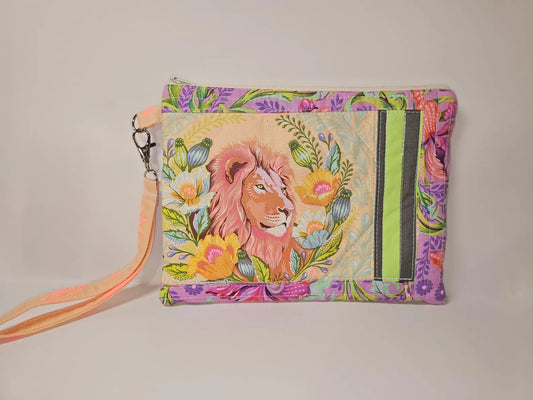 Zippered Purse, Wristlet Purse, Gifts for Her, Unique Gift, Tula Pink, Quilted Pouch, Christmas Gift, Stocking Stuffers, Neon Floral, Lion