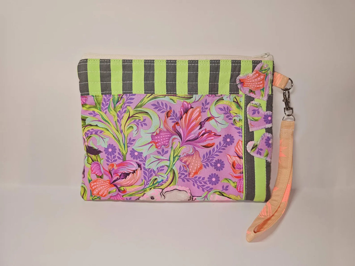 Zippered Purse, Wristlet Purse, Gifts for Her, Unique Gift, Tula Pink, Quilted Pouch, Christmas Gift, Stocking Stuffers, Neon Floral, Lion