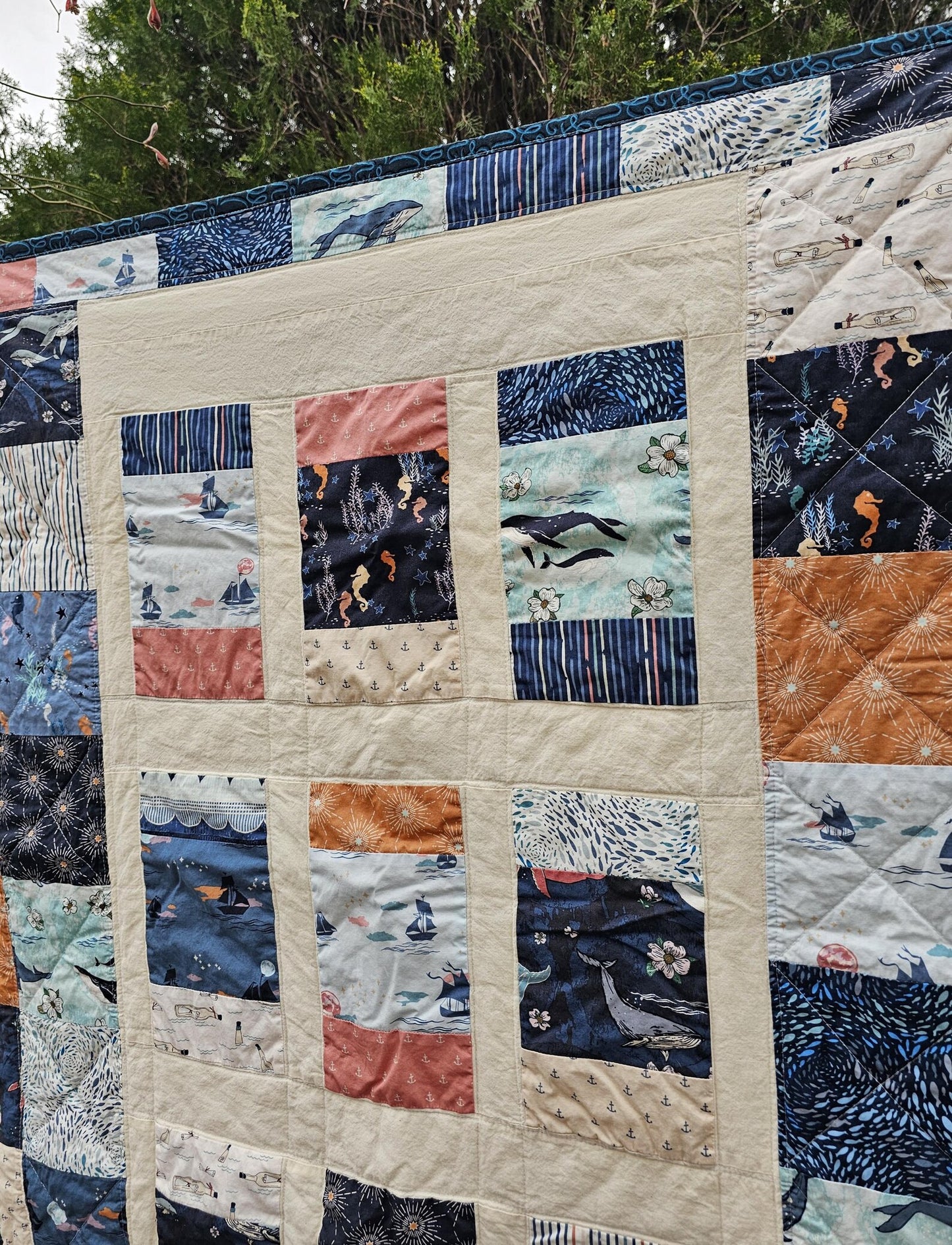 Handmade Quilt, Boat Ships Quilt, Ocean Quilt, Patchwork Quilt, Crib Quilt, Toddler Quilt, Ocean Life, Seahorses Fish Handmade Gift for Baby