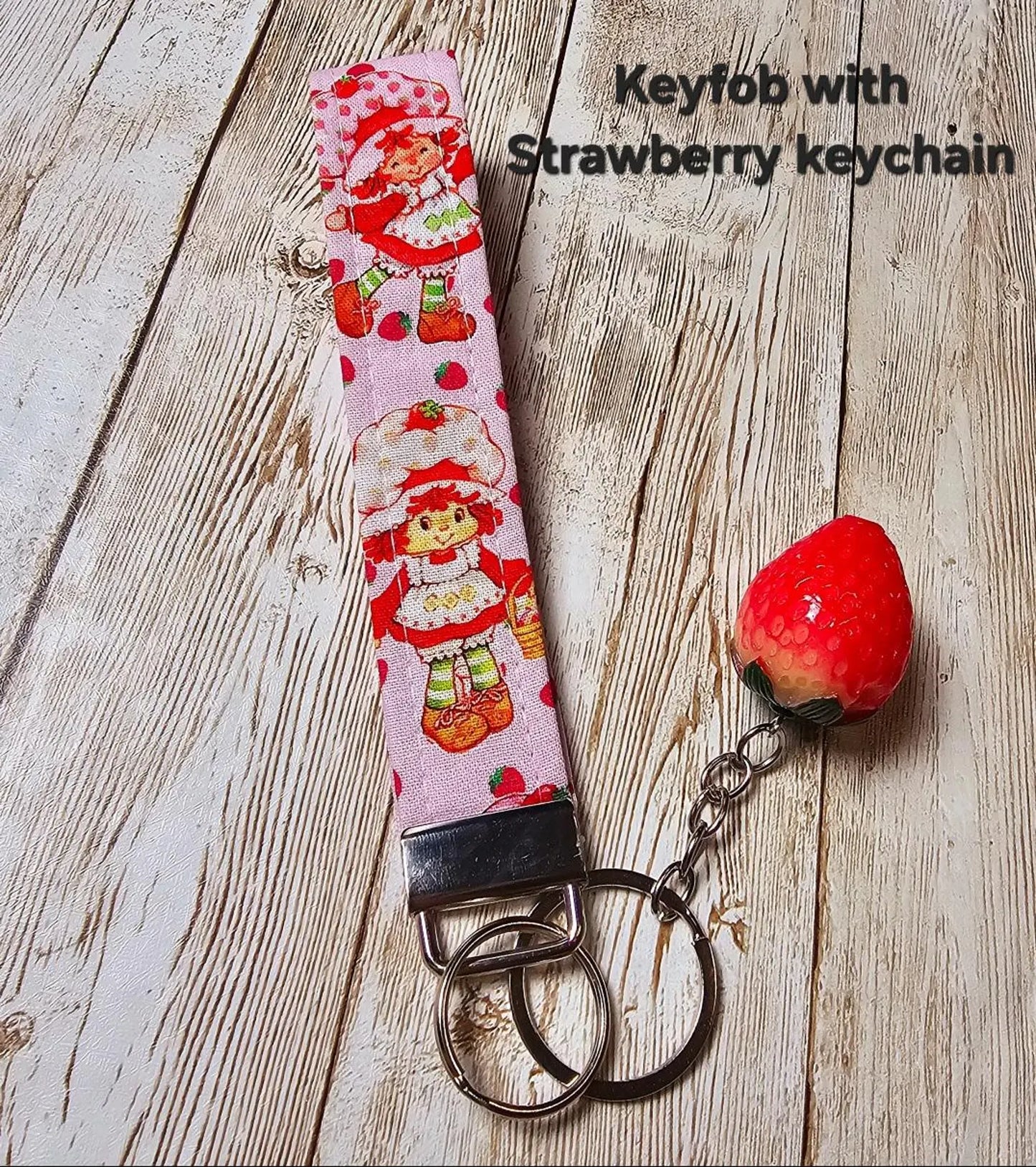 Key Fob Keychain, Keychain Wristlet, Strawberry Shortcake, Key Wristlet,  Fabric Keychain, Strawberry, Wristlet Keychain, Gift for Her