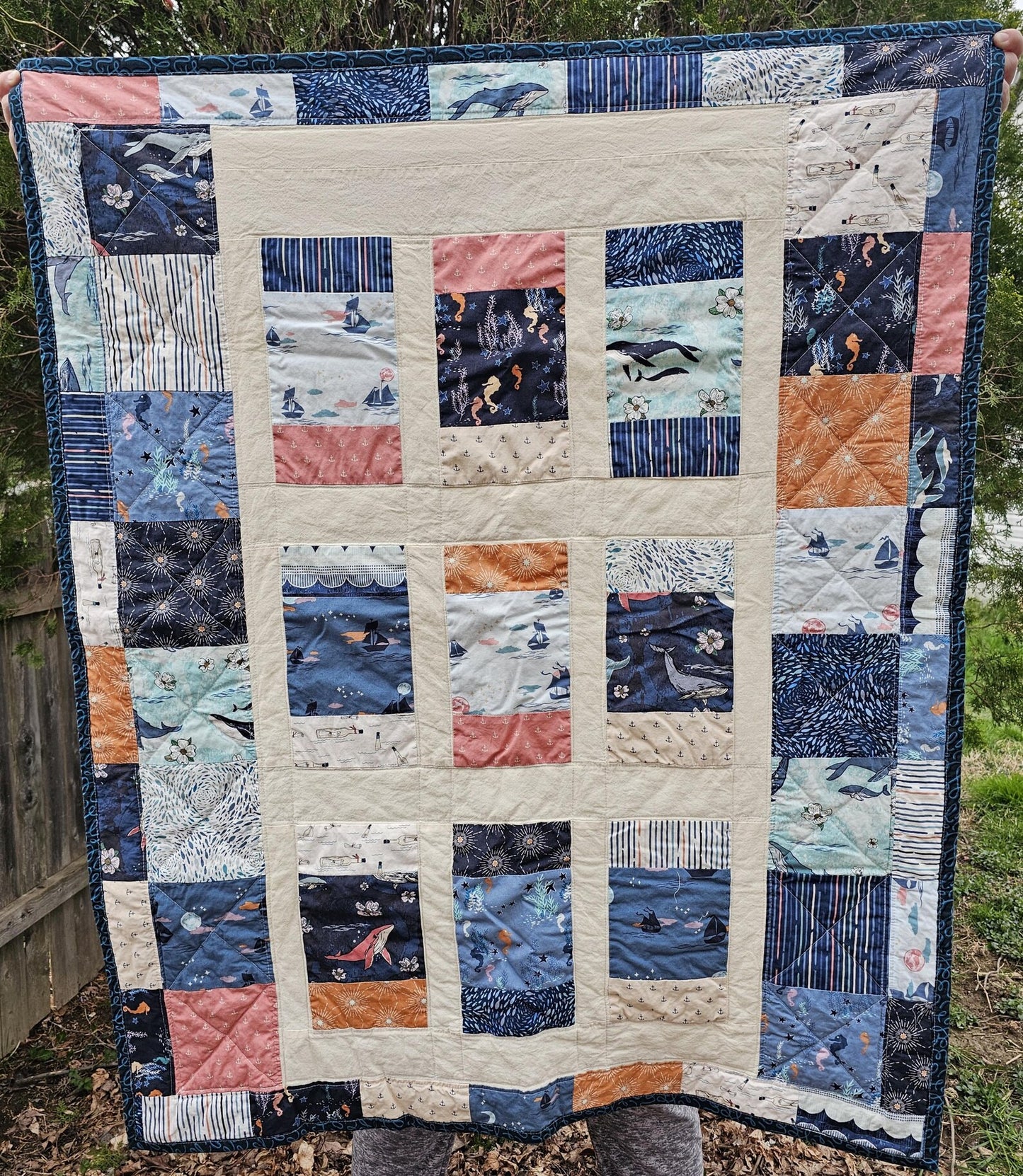 Handmade Quilt, Boat Ships Quilt, Ocean Quilt, Patchwork Quilt, Crib Quilt, Toddler Quilt, Ocean Life, Seahorses Fish Handmade Gift for Baby