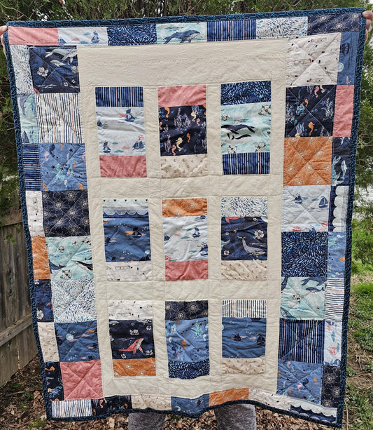 Handmade Quilt, Boat Ships Quilt, Ocean Quilt, Patchwork Quilt, Crib Quilt, Toddler Quilt, Ocean Life, Seahorses Fish Handmade Gift for Baby