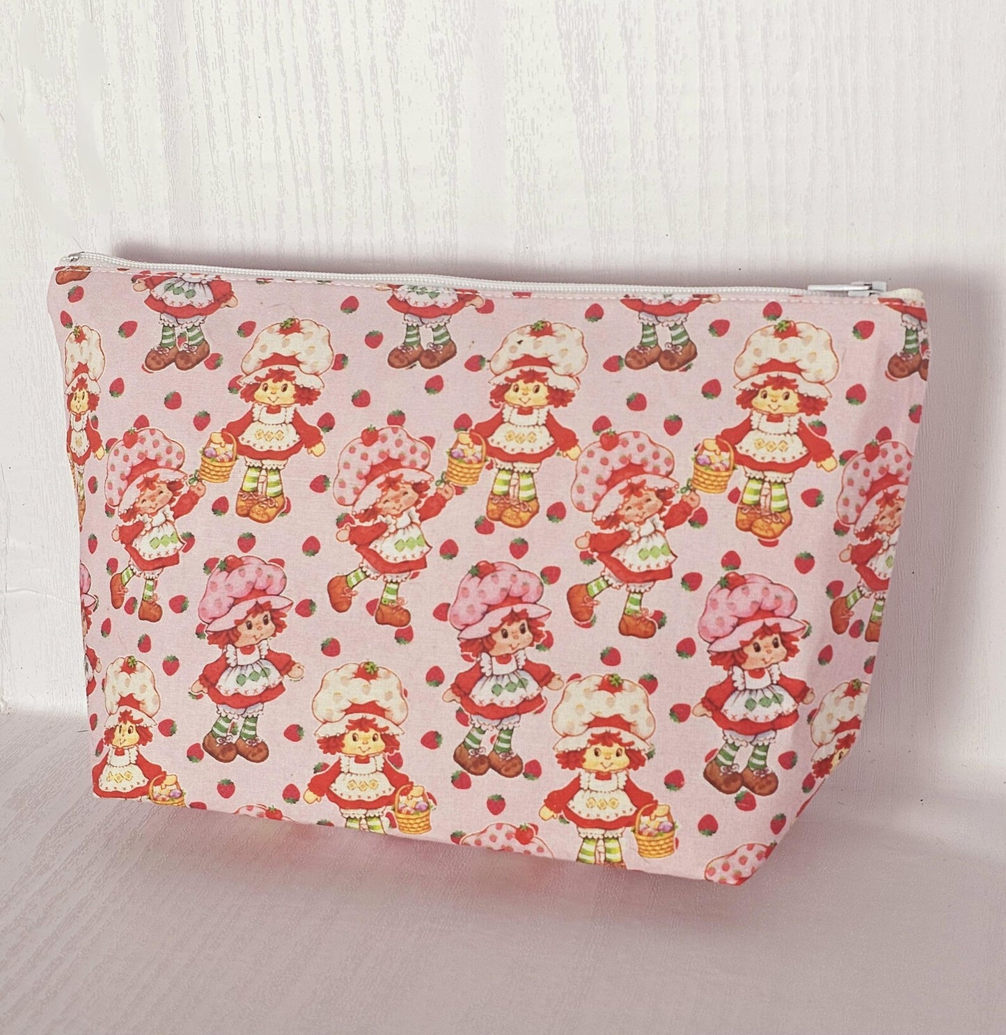 Strawberry Shortcake Zippered Pouch, Cosmetic Bag, Toiletry Bag, Gifts for Her, Unique Gift, Handmade Quilted Pouch, Strawberry Gift