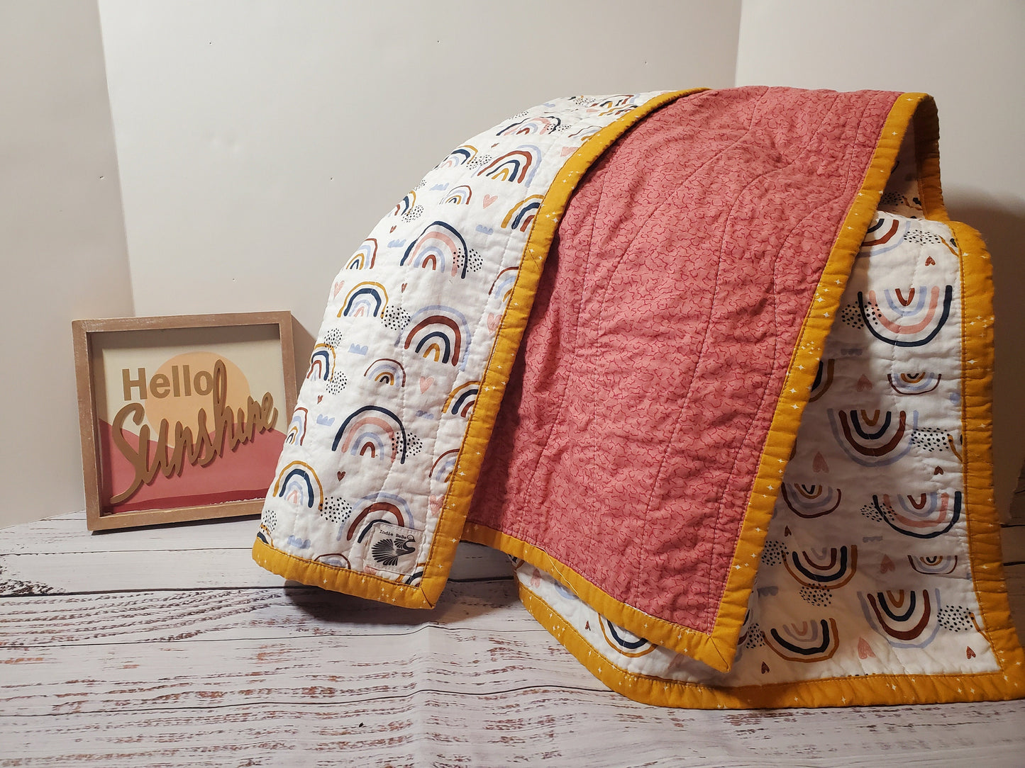 Wholecloth Quilt, Boho Rainbow Baby Quilt, Boho Baby Bedding, Rainbow Baby Blanket, Baby Shower Gift, Nursery Decor, Rainbow Baby Gift