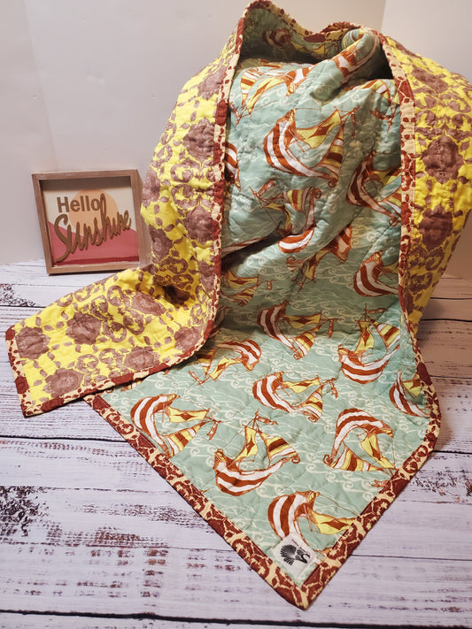 Wholecloth Quilt,  Nautical Quilt, Boho Baby Quilt, Boho Baby Bedding, Baby Blanket, Baby Shower Gift, Boho Nautical Decor, Kantha Quilt