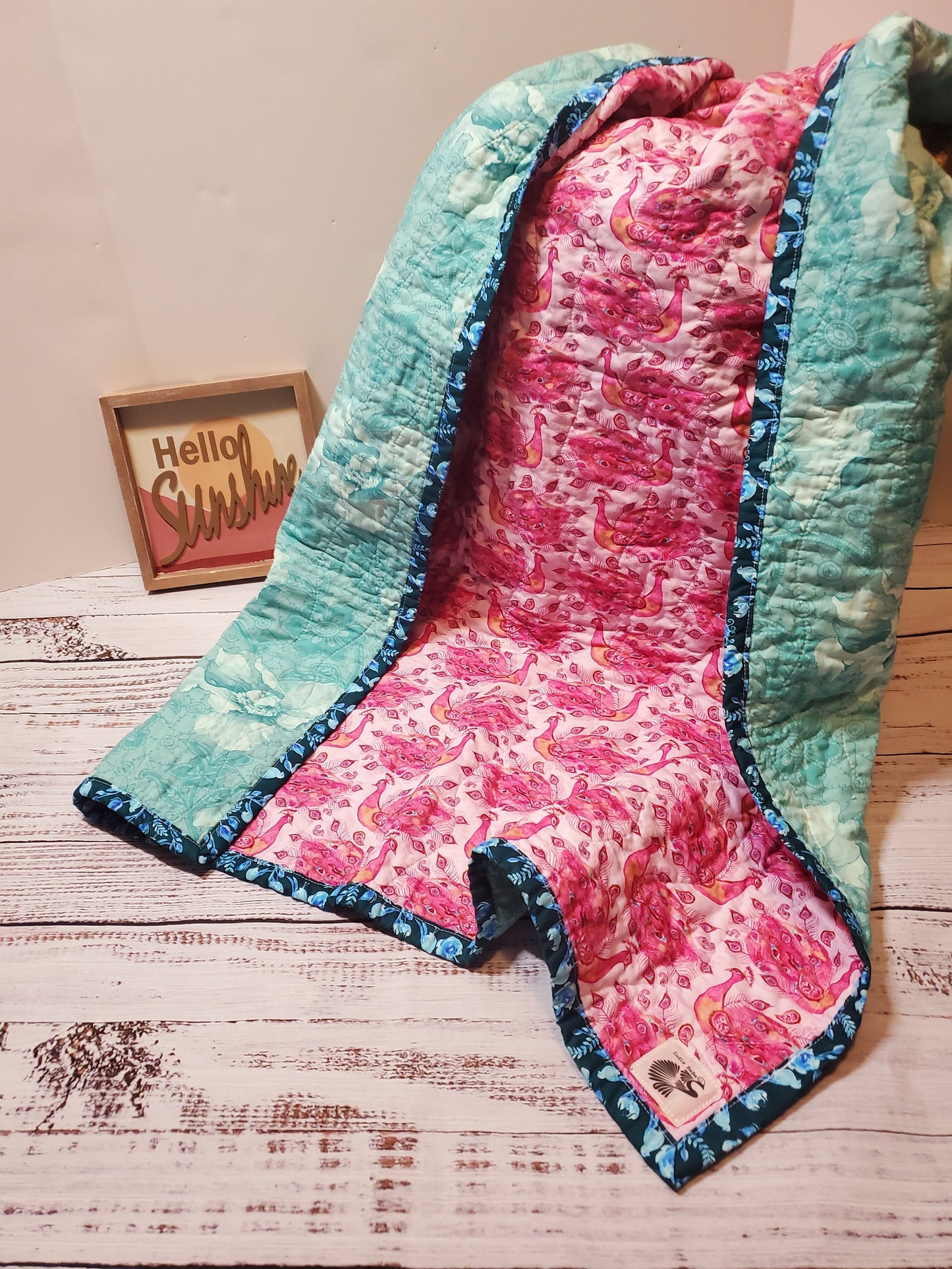 Wholecloth Quilt, Boho Peacock Baby Quilt, Boho Baby Bedding, Peacock Baby Blanket, Baby Shower Gift, Boho Floral Quilt, Kantha Quilt