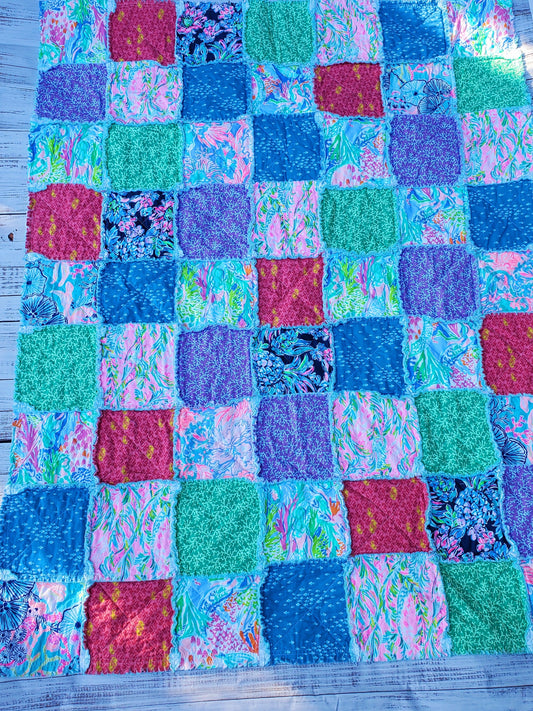 Handmade Quilt, Lilly Quilt, Rag Quilt Throw, Gifts for Her, Mothers Day Gift, Beach Quilt, Preppy Quilt, Housewarming Gift, Mermaids Quilt