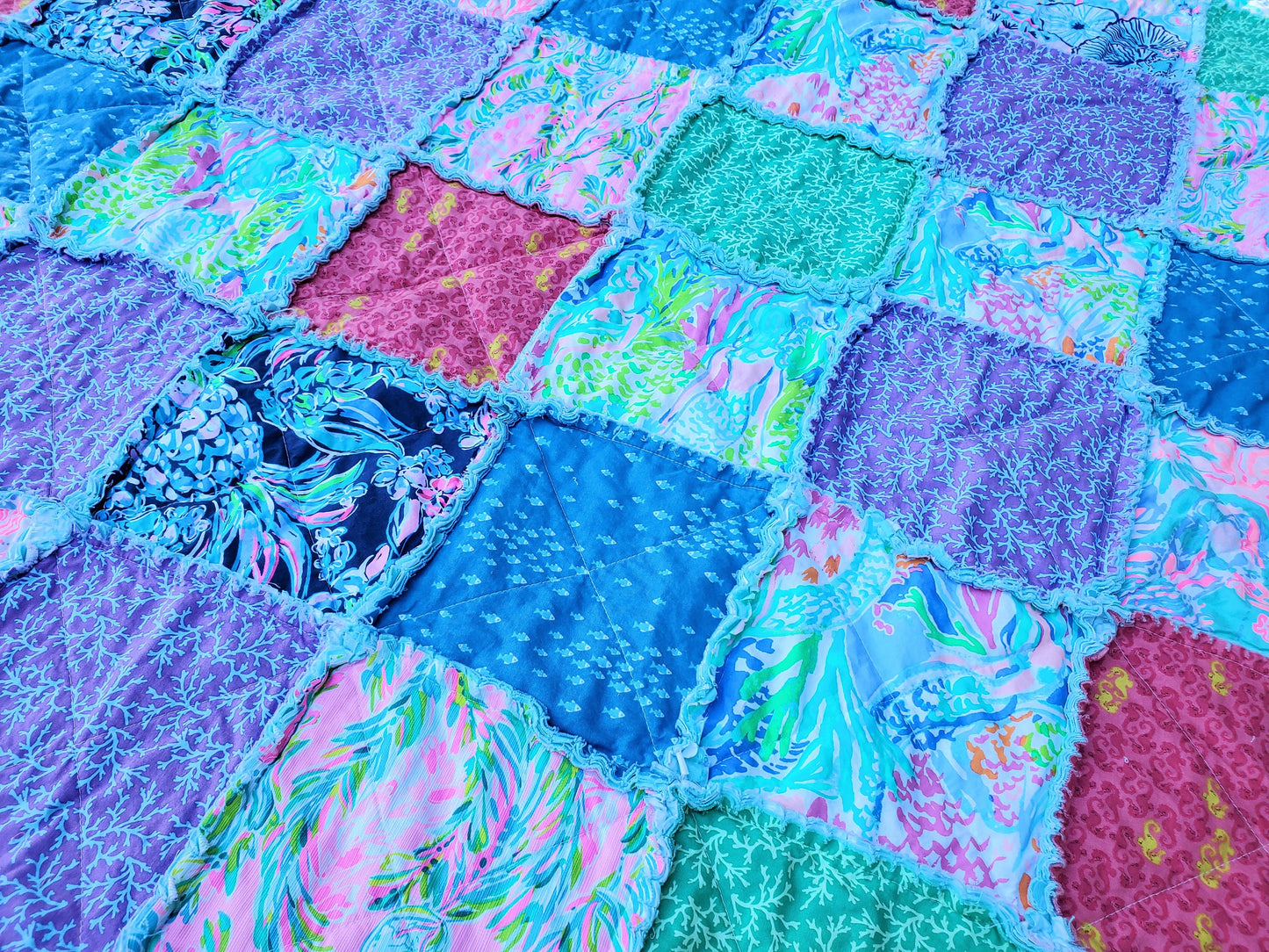 Handmade Quilt, Lilly Quilt, Rag Quilt Throw, Gifts for Her, Mothers Day Gift, Beach Quilt, Preppy Quilt, Housewarming Gift, Mermaids Quilt