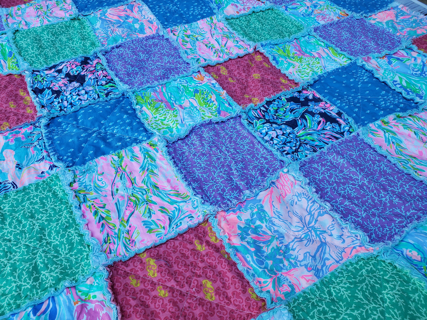 Handmade Quilt, Lilly Quilt, Rag Quilt Throw, Gifts for Her, Mothers Day Gift, Beach Quilt, Preppy Quilt, Housewarming Gift, Mermaids Quilt