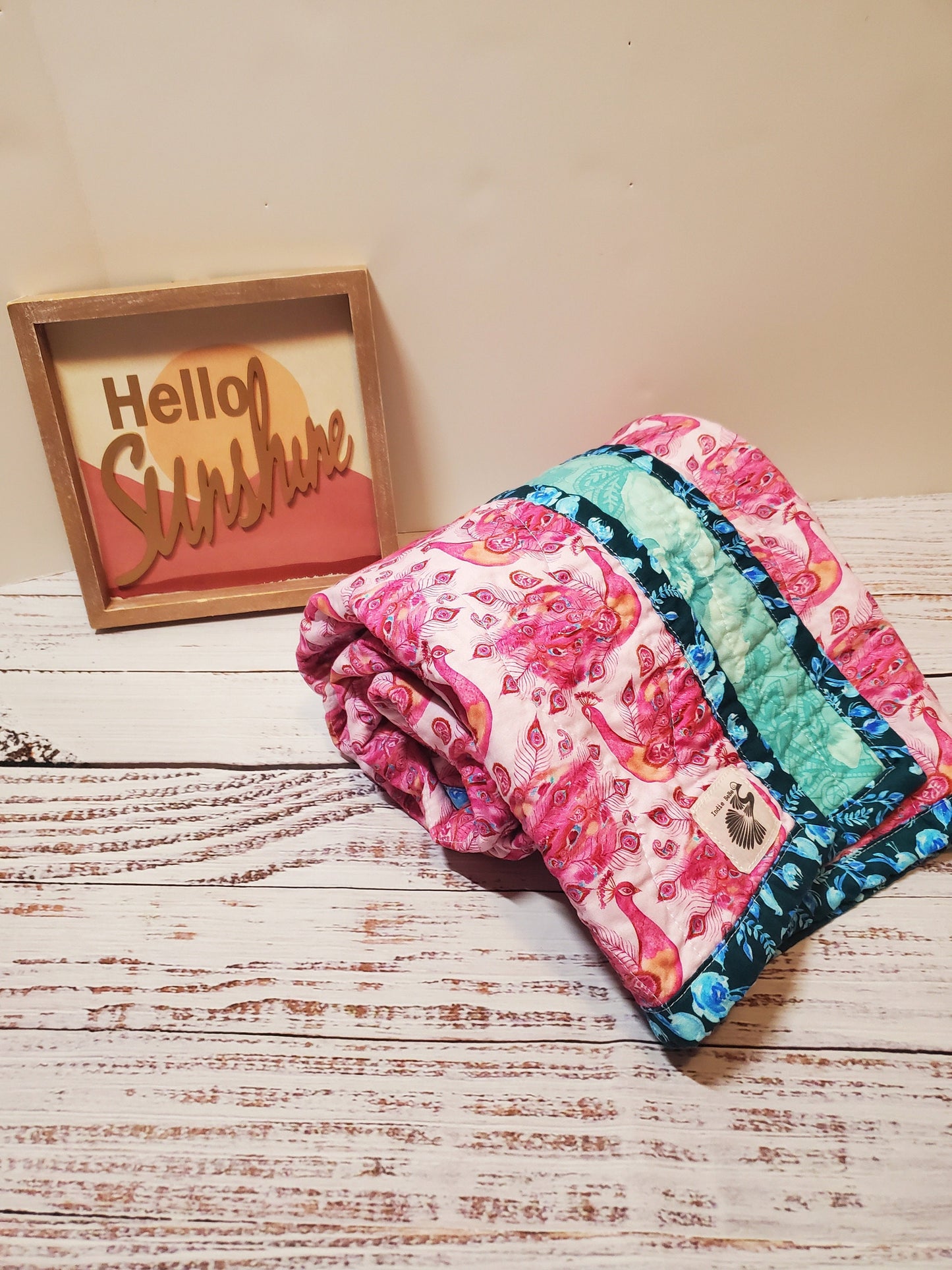 Wholecloth Quilt, Boho Peacock Baby Quilt, Boho Baby Bedding, Peacock Baby Blanket, Baby Shower Gift, Boho Floral Quilt, Kantha Quilt